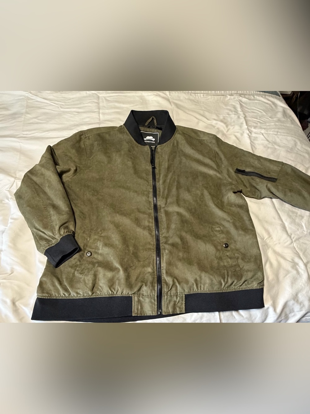 Men's Suede Bomber Jacket in Olive with Black Trim